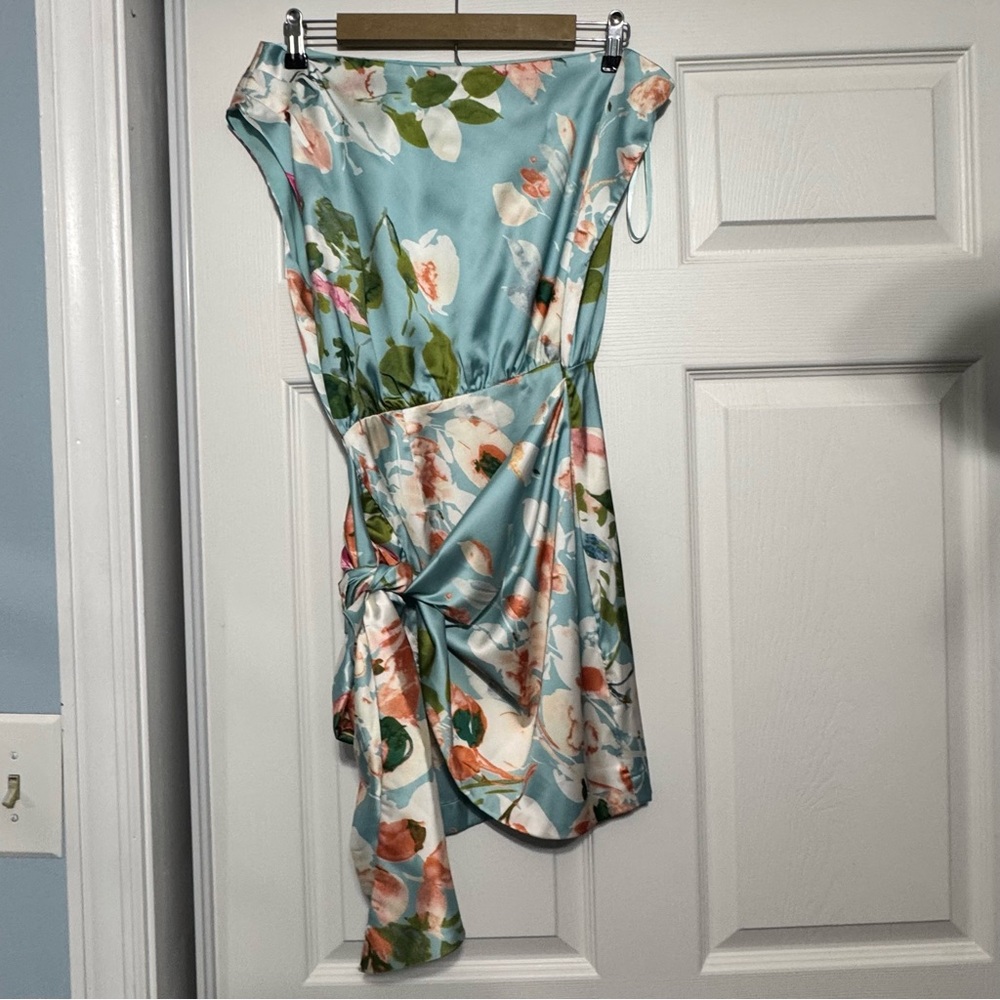 Gigi & Ella 1 Shoulder Women Size 2 Blue Floral Tie Mini Dress Shower Wedding
